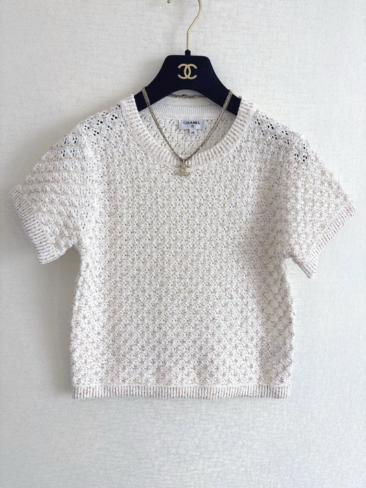 26ss Sequined openwork knit T-shirt