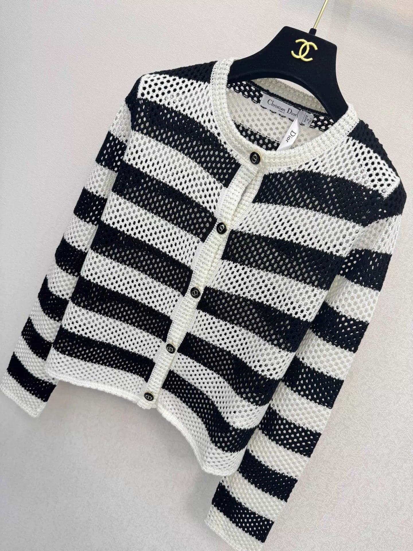 Black and white striped knit cardigan