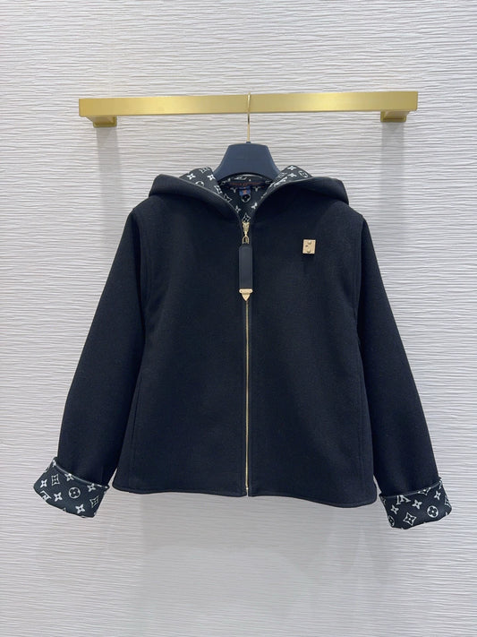26New Hooded Long-Sleeve Wool-Blend Coat
