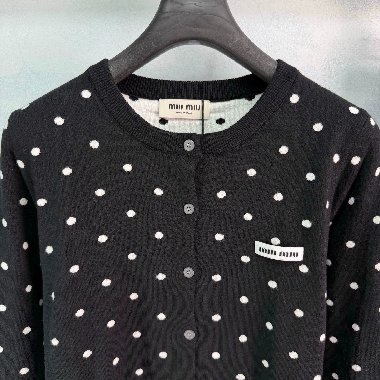 MiuMiu/26 Early Fall New Polka Dot Knit Long-Sleeve Cardigan and Mini Skirt Set