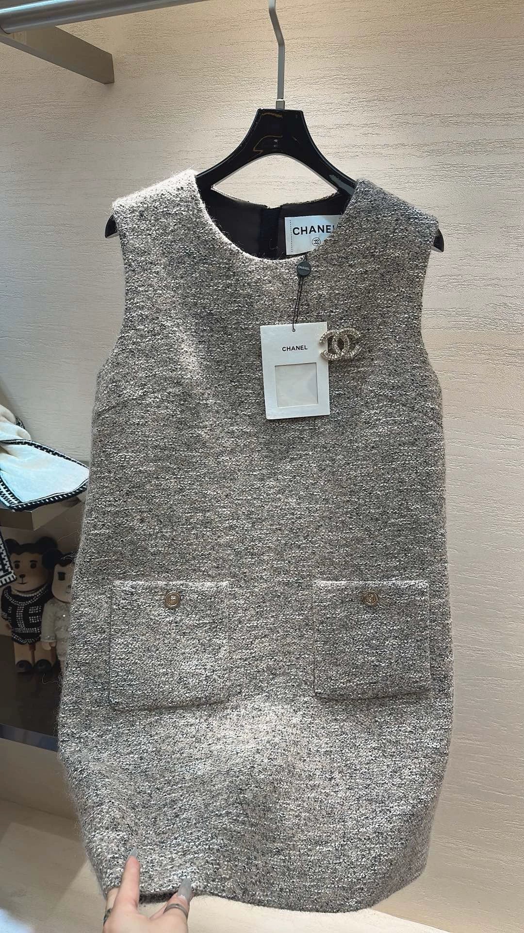 Tweed Brooch Vest Dress