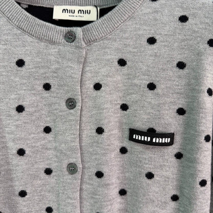 MiuMiu/26 Early Fall New Polka Dot Knit Long-Sleeve Cardigan and Mini Skirt Set