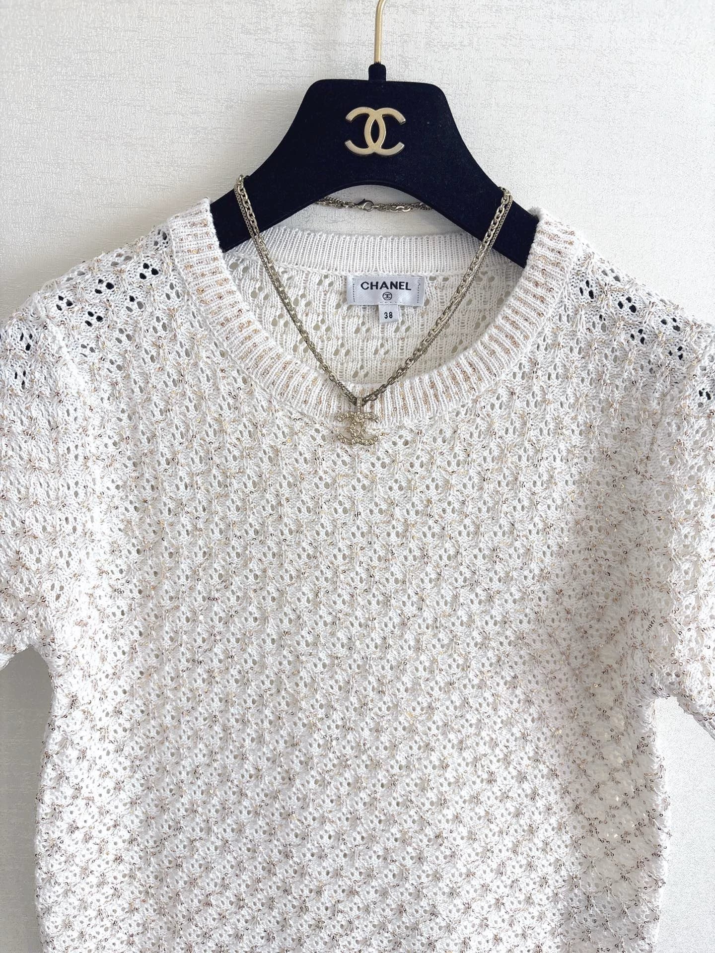 26ss Sequined openwork knit T-shirt