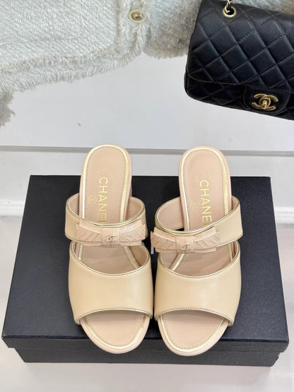 Double C Bow Chunky Heel Sandals