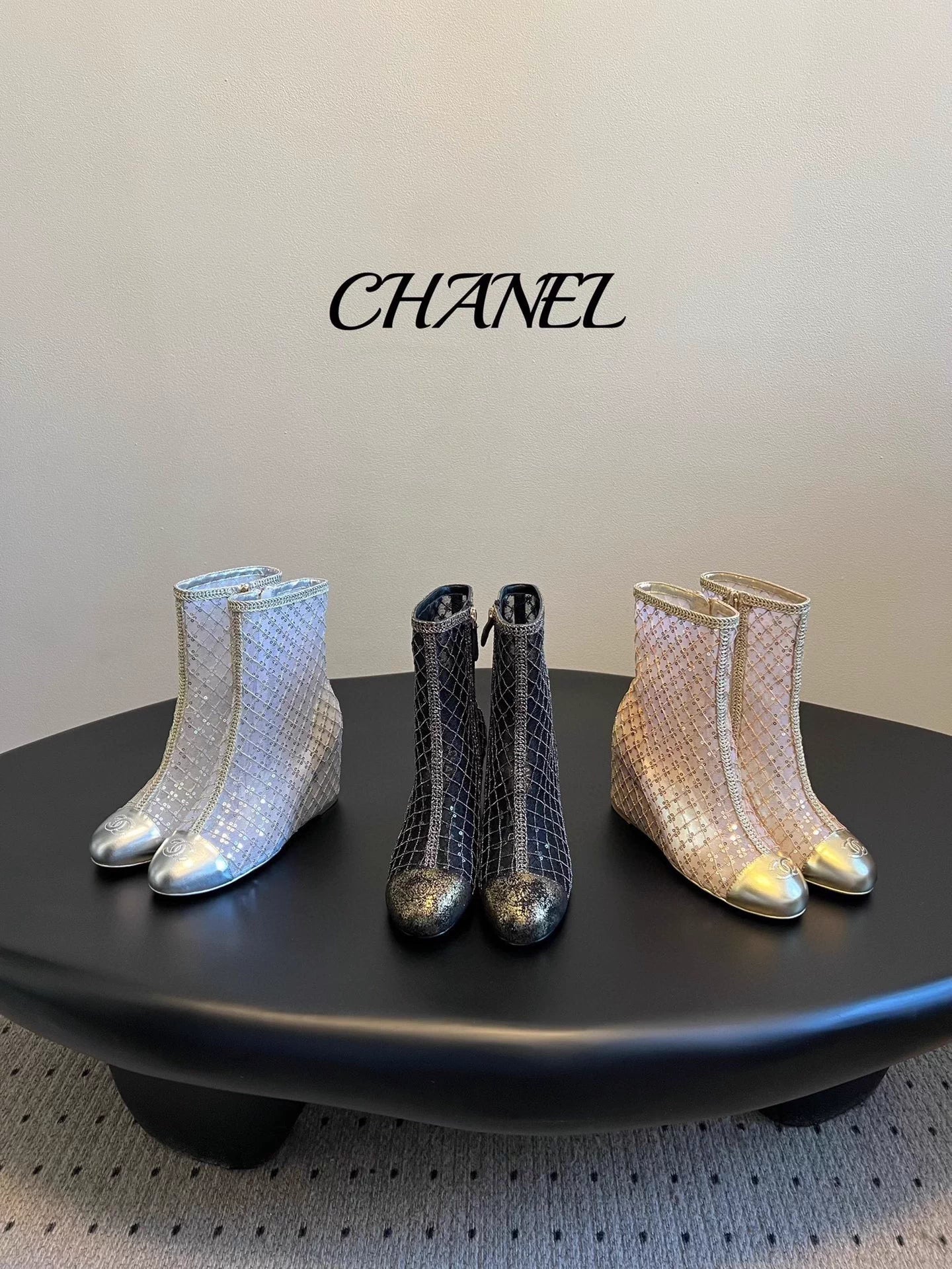 Mesh woven sequined wedge ankle boots