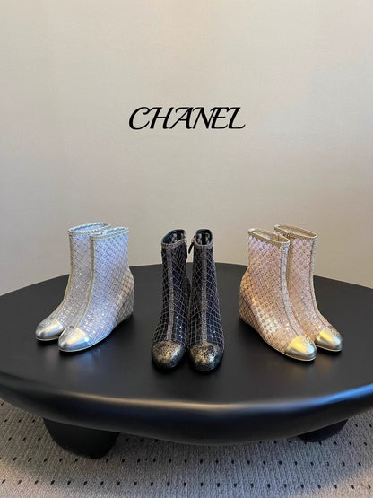 Mesh woven sequined wedge ankle boots