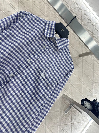 Lace collar blue and white checkered shirt