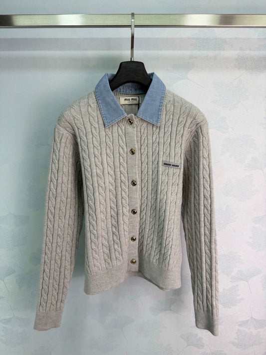 Miu Miu / Denim Patchwork Cable Knit Long Sleeve