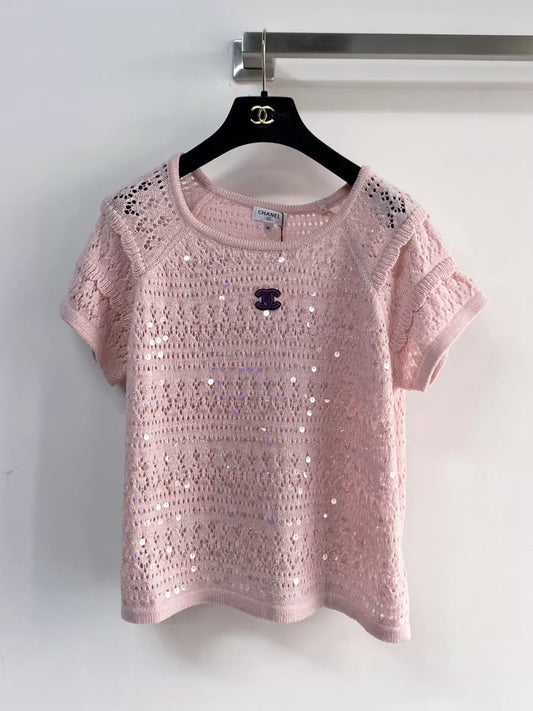 26ss Hollow-out sequined short-sleeved top