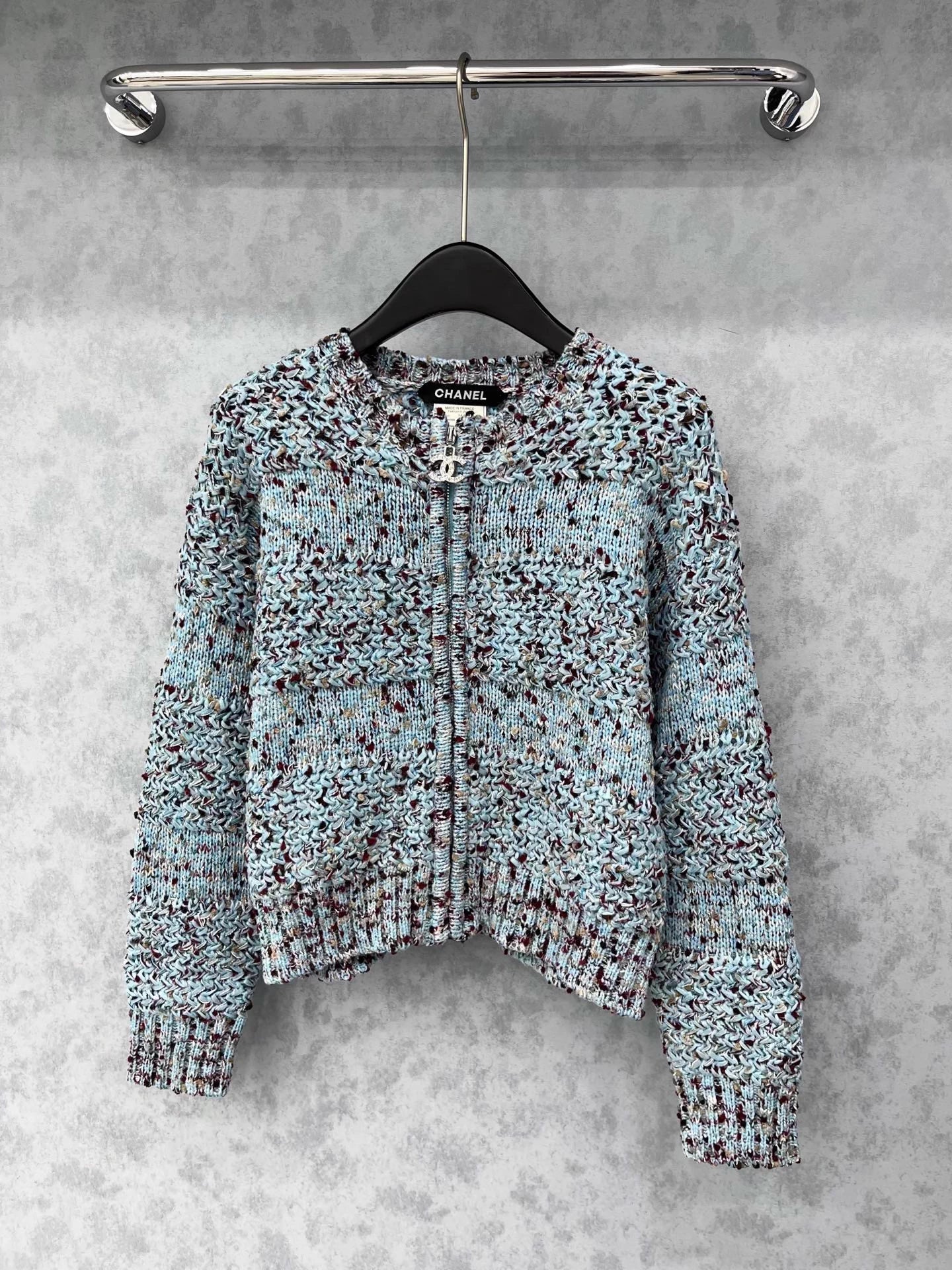 Double C zipper round neck crochet spliced jacket