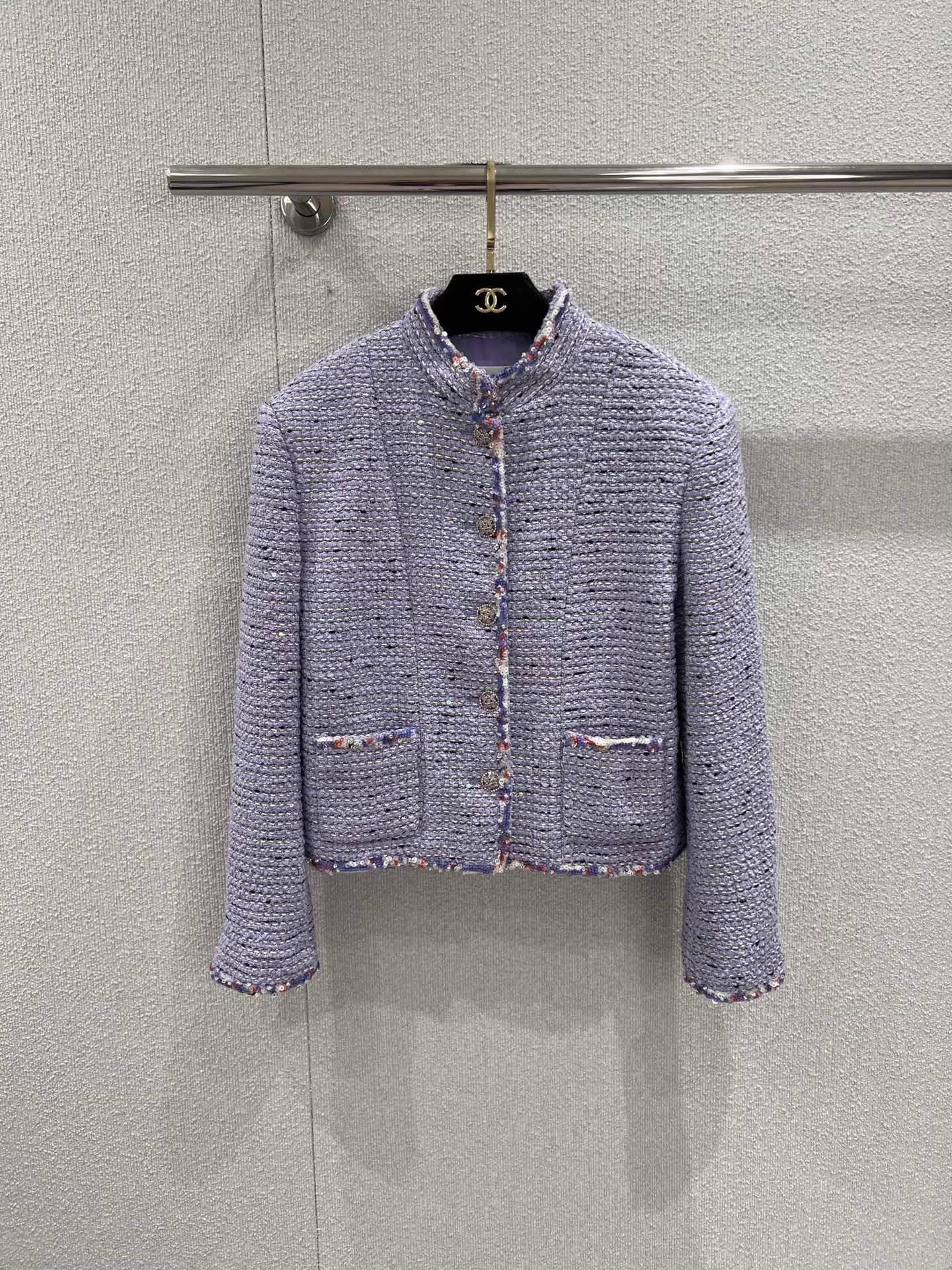 Sequined woven tweed wool coat