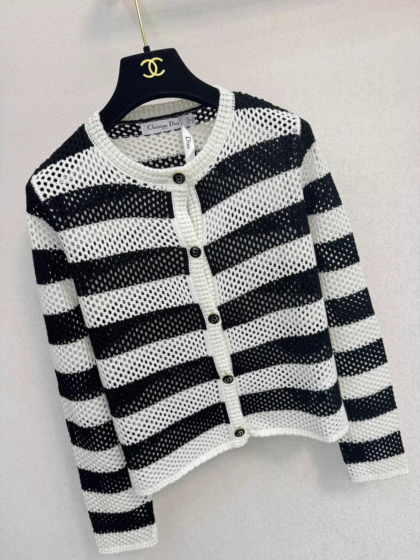 Black and white striped knit cardigan
