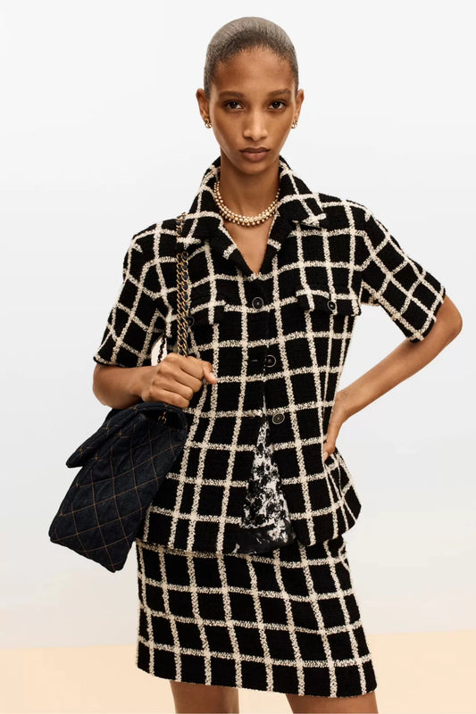 26ss French plaid tweed T-shirt/Skirts