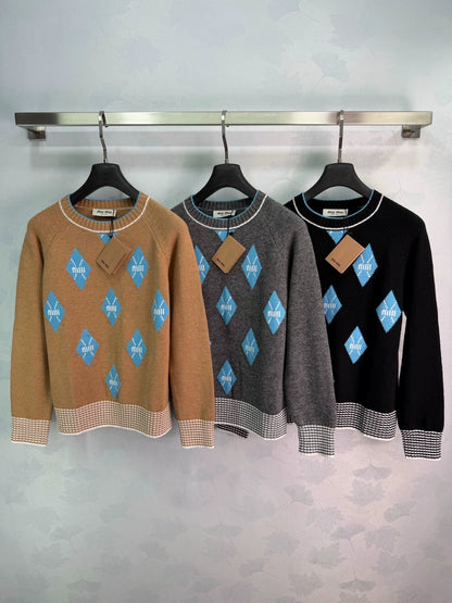 MiuMiu/26 New Season Diamond-Pattern & Stripe Knit Sweater