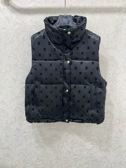 Stand-up collar flocked satin down vest