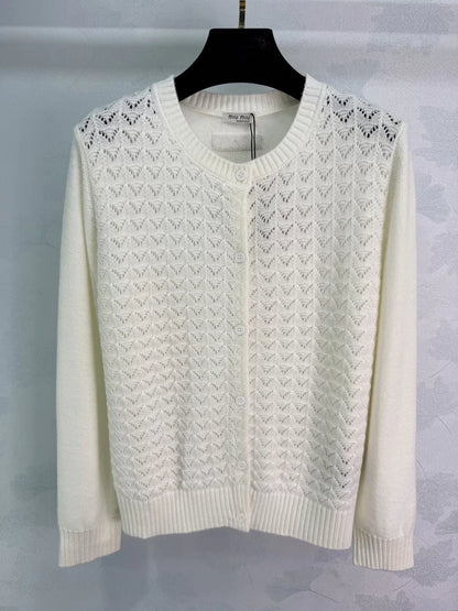 Feather-patterned openwork knit cardigan
