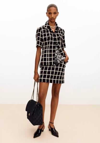 26ss French plaid tweed T-shirt/Skirts