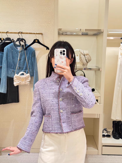Sequined woven tweed wool coat
