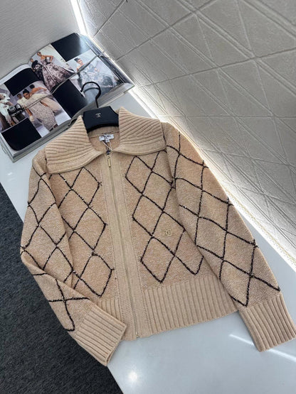 Large collar diamond grid zipper knitted jacket