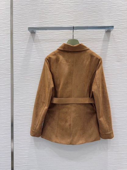 26Long-Sleeve Coat with Metal-Buckle Pockets and Waist Belt