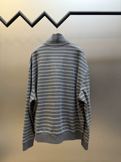 26 Grey-and-White Striped Stand-Collar Zip-Up Jacket