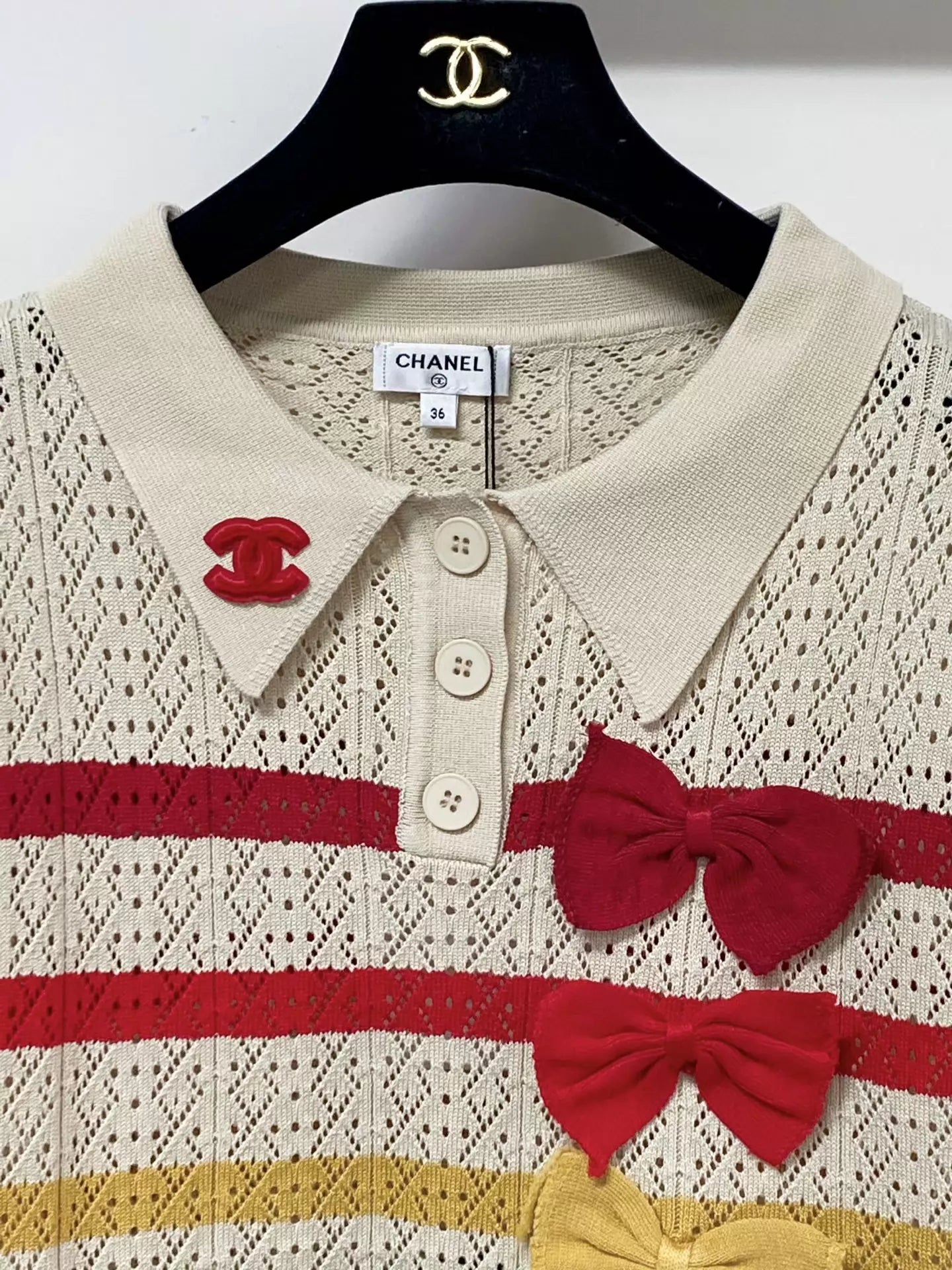 26ss Striped bow logo collared short-sleeved shirt