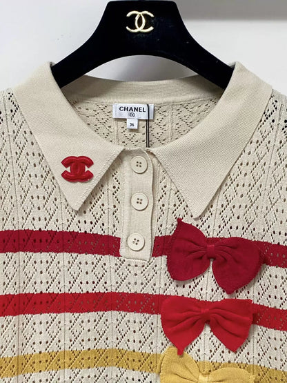 26ss Striped bow logo collared short-sleeved shirt