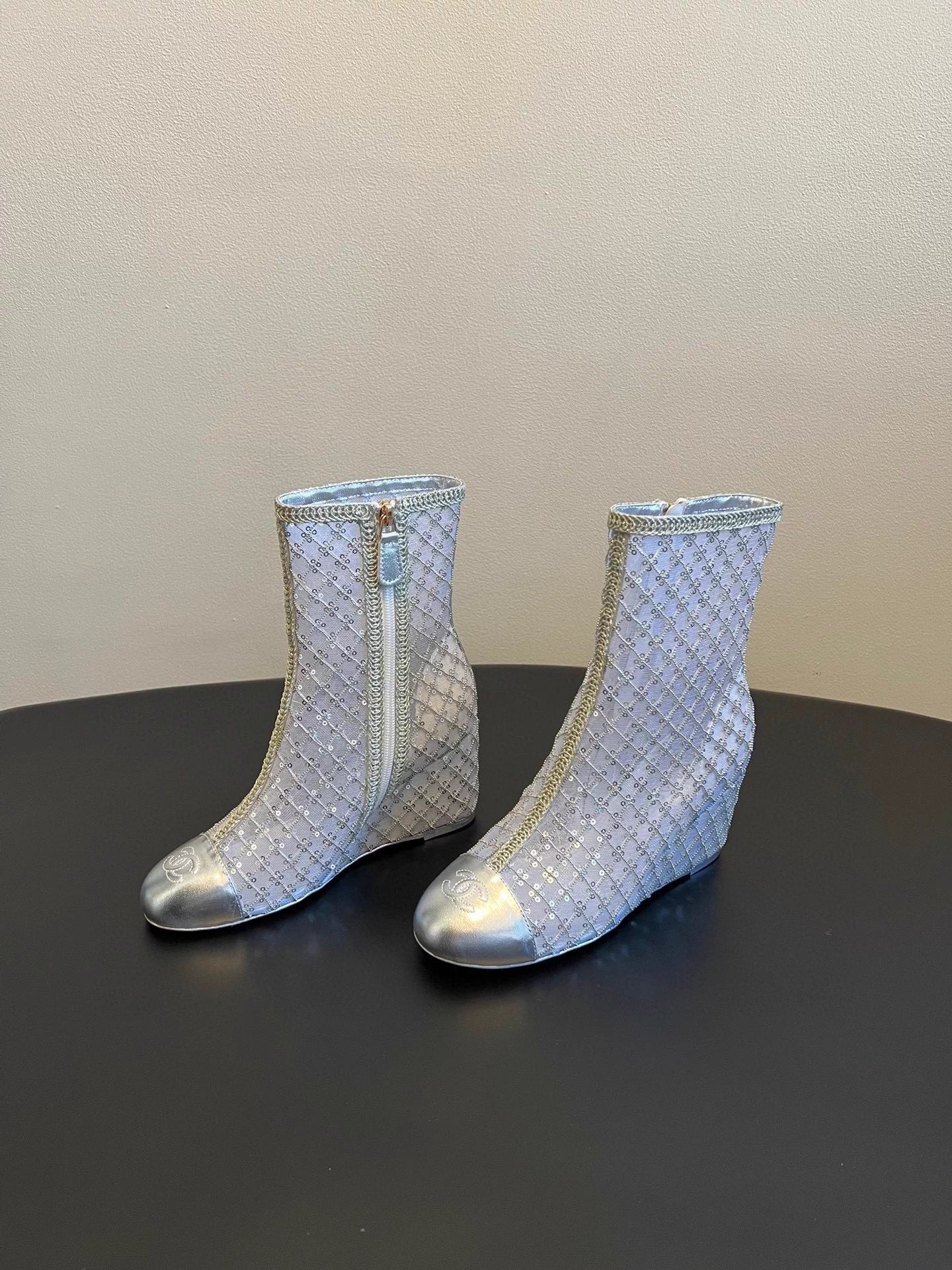 Mesh woven sequined wedge ankle boots