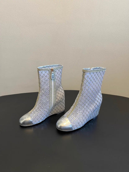 Mesh woven sequined wedge ankle boots