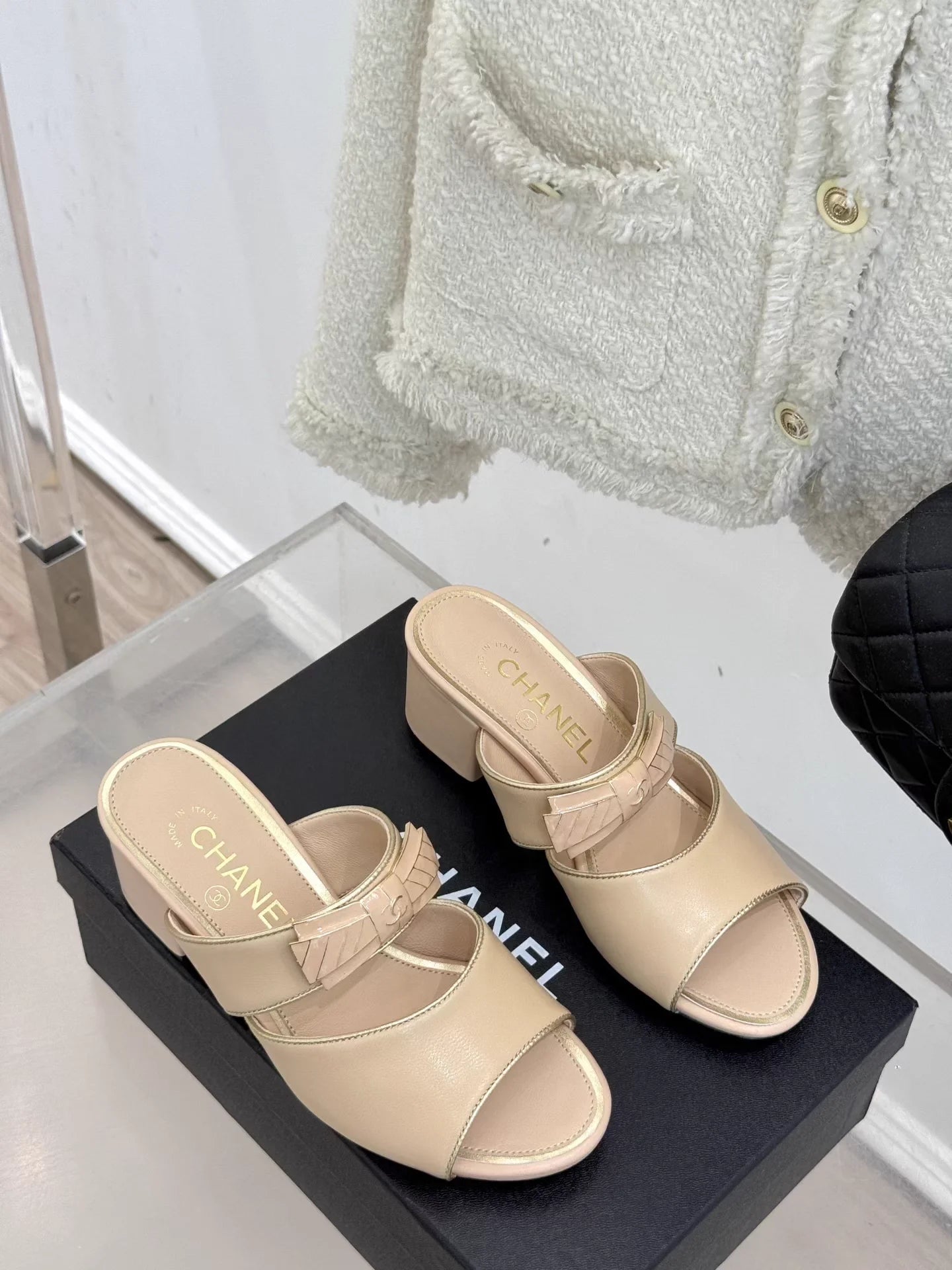 Double C Bow Chunky Heel Sandals