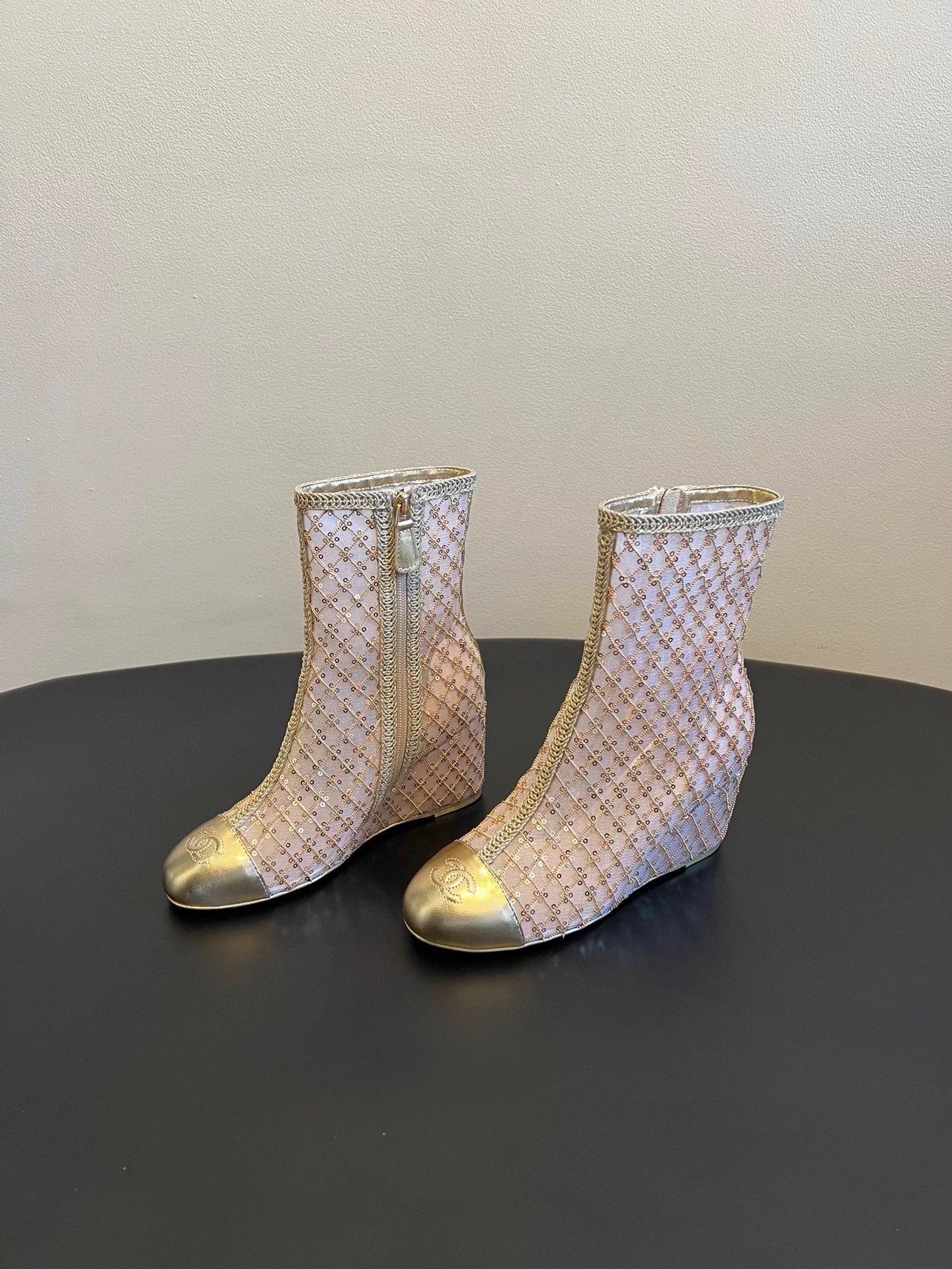 Mesh woven sequined wedge ankle boots