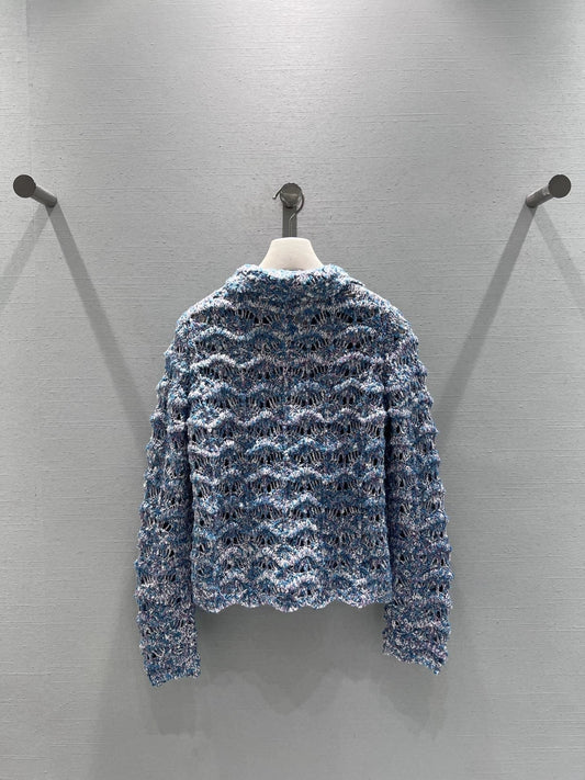 Wavy-patterned openwork knit cardigan