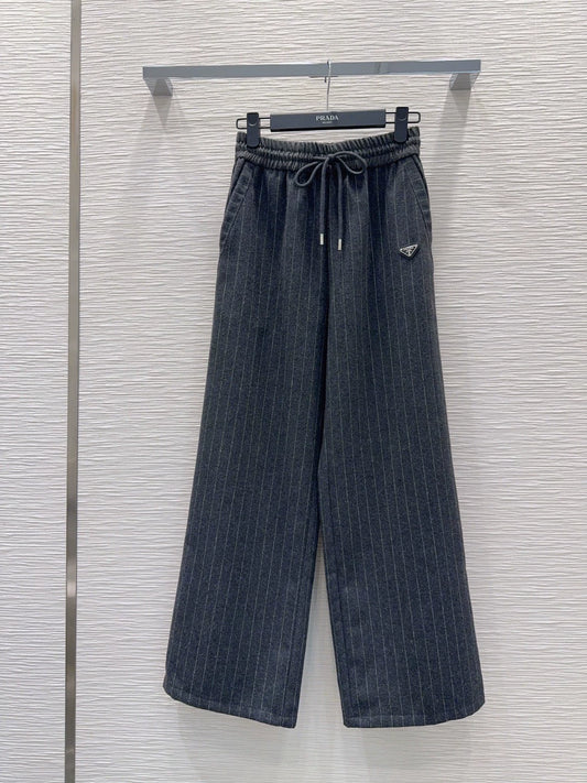 26New Casual Trousers with Triangle Logo and Striped Drawstring
