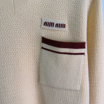 MiuMiu/26 Early Autumn New Color-Block Polo Collar Openwork Knit Top