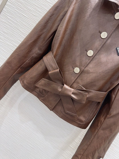 26Long-Sleeve PU Leather Jacket with Triangular Logo and Belt