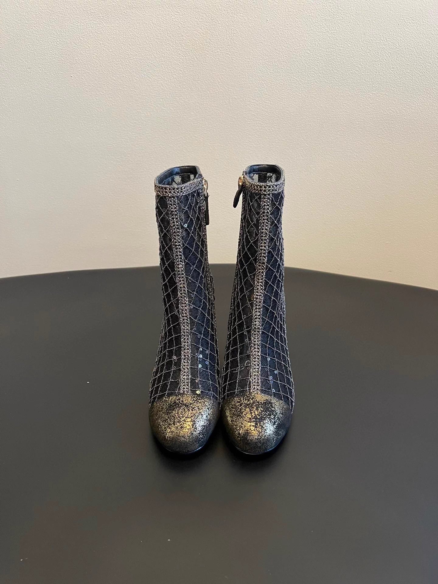Mesh woven sequined wedge ankle boots
