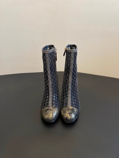 Mesh woven sequined wedge ankle boots