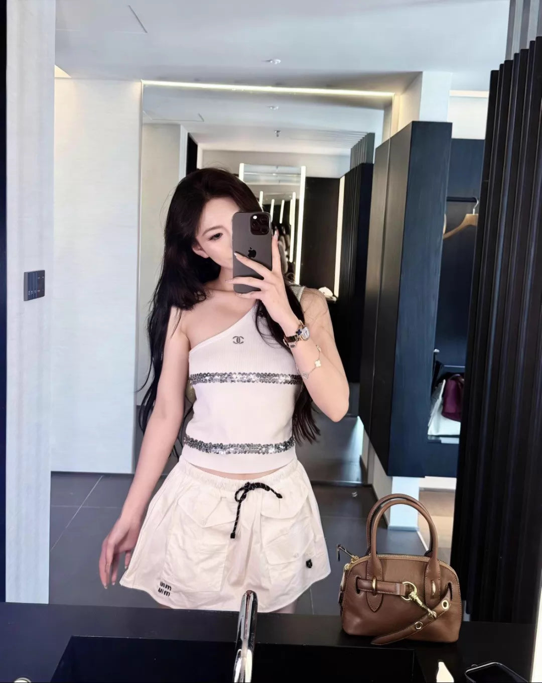 26ss Sequined Striped Knit One-Shoulder Vest