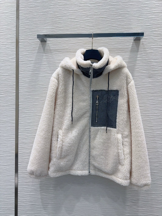 26New Contrast Color Hooded Faux Shearling Jacket
