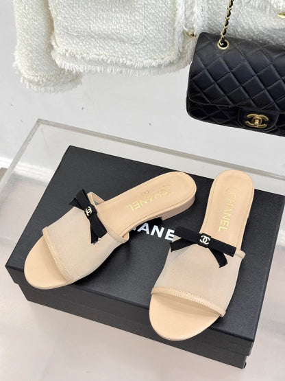 Flat high-heeled bow slippers