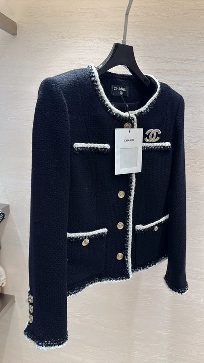 Color-blocked tweed short jacket