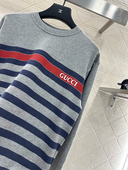 25fw Striped round neck pullover hoodie