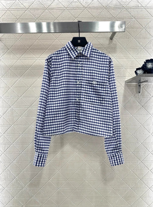 Short blue and white checkered shirt