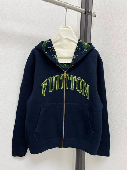 Double sided jacquard zipper hooded jacket