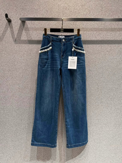 Pearl and rhinestone embellished wide-leg jeans