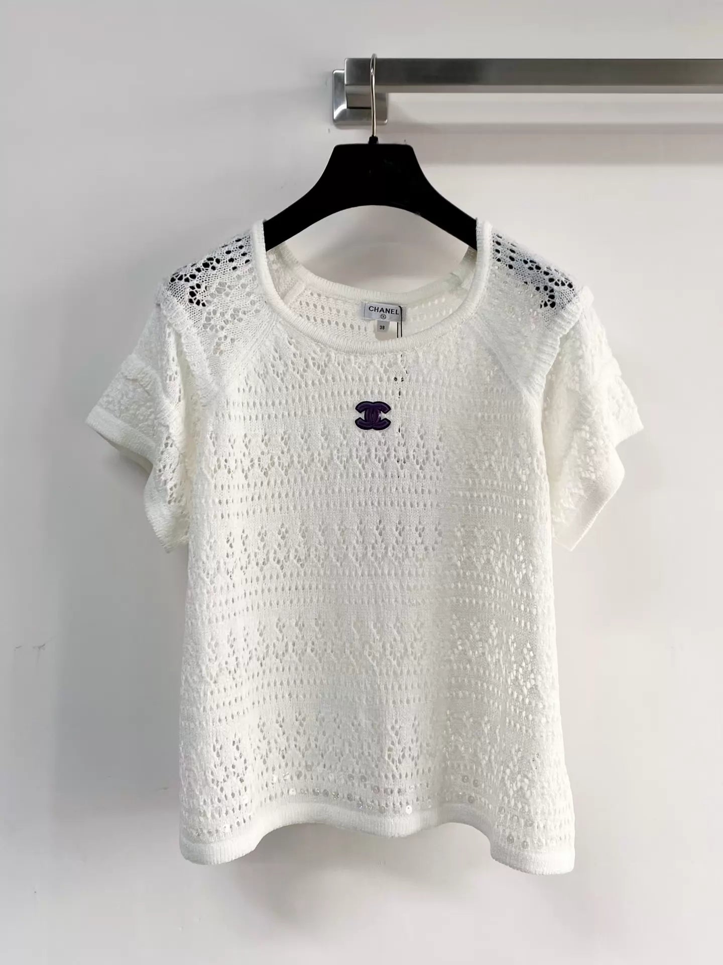 26ss Hollow-out sequined short-sleeved top