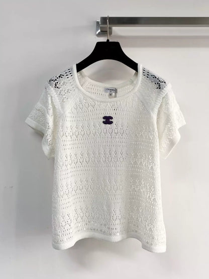 26ss Hollow-out sequined short-sleeved top