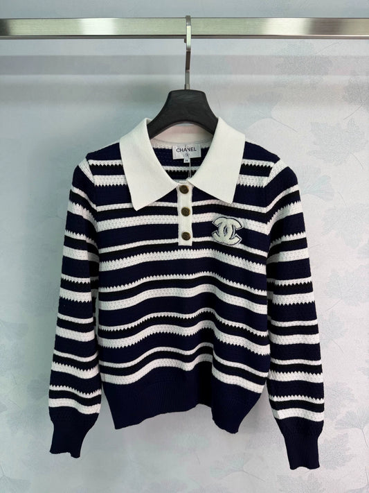 Chanel / 26F Early Autumn New Striped Polo Knit Sweater