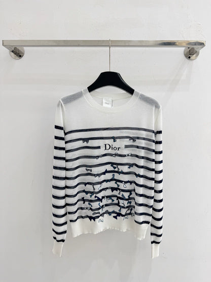 26Striped Bow-Embroidered Knit Top