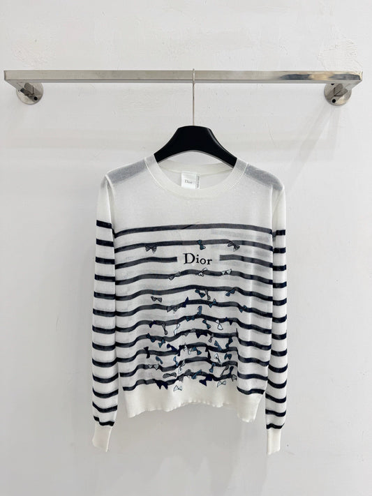 26Striped Bow-Embroidered Knit Top